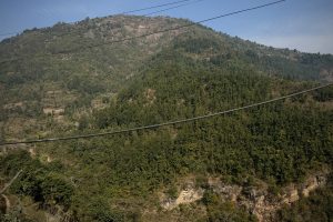 A scenic view of rolling green hills covered with trees and vegetation under a clear blue sky
