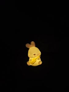 A small, glowing bunny-shaped lamp softly illuminates the dark, creating a warm, cozy mood. The minimal setup highlights light and contrast in Perumanna, Kozhikode, Kerala. 

