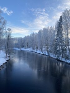 

A serene winter landscape featuring a partially frozen Seinäjoki river surrounded by trees covered in frost.