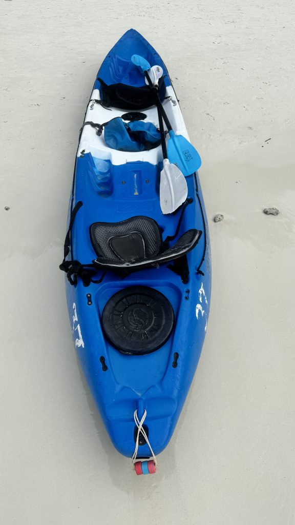 A blue and white sit-on-top tandem kayak with two paddles resting on pristine white beach sand.