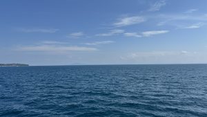 A wide-angle shot of the horizon over a deep blue ocean under a bright, clear sky with soft white clouds.