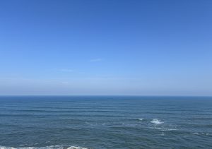 
A vast expanse of calm blue ocean under a clear sky, with soft waves gently rolling across the surface.