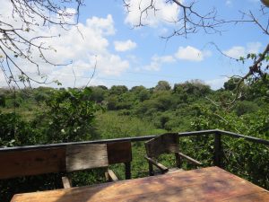 A rustic wooden table and two weathered timber chairs sit on an elevated deck, overlooking a vast, lush green valley in Kilifi, Kenya. A dark metal railing borders the space, with sprawling tree branches framing the top of the view.