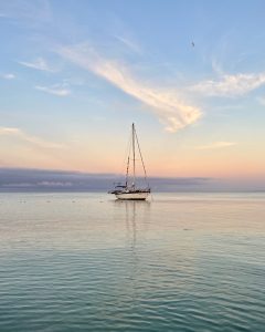 A white sailboat resting on calm water during a soft pastel sunset with a bird flying in the sky