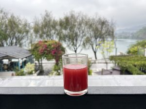 Red drink in a glass with a scenic background 
