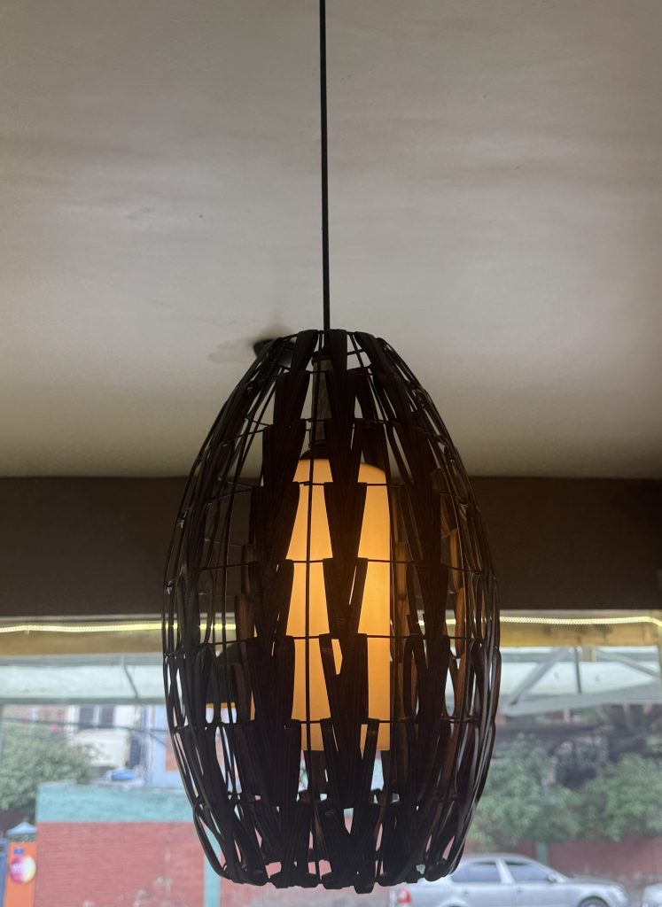 A woven, dark-colored hanging lamp with a warm, glowing light inside, set against a muted interior ceiling. The natural design evokes a cozy ambiance.