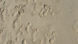 Many different footprints cover a large area of dry beach sand. Some prints are from bare feet and others show the patterns of shoe soles. The sand is light in color and has a few tiny pieces of broken seashells scattered around.