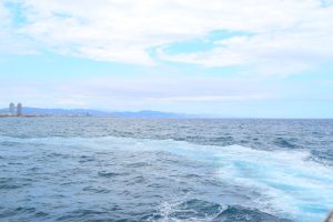 Wide view of the deep blue sea with boat wake foam, featuring a distant coastal city skyline under a cloudy sky.