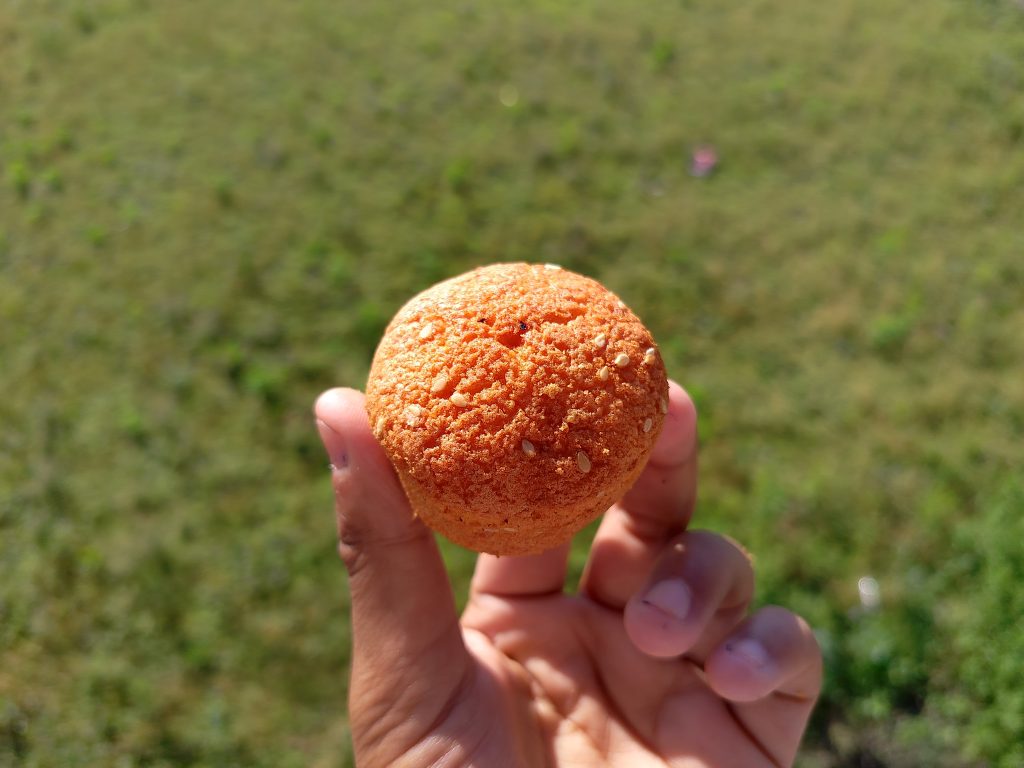 A hand holding a small, round, orange-colored baked snack topped with sesame seeds, with a grassy field blurred in the background.