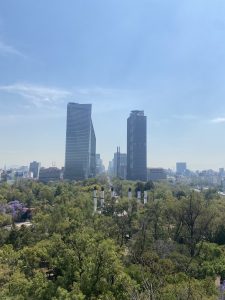 A panoramic view of a city skyline featuring tall modern skyscrapers, surrounded by lush green trees and landscaped park areas. In the foreground, there are rows of white columns and some purple flowering trees. The background shows multiple buildings, with a clear blue sky and soft clouds above.