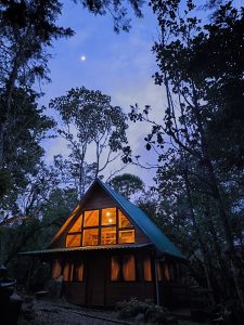 A cozy wooden cabin with an A-frame design is illuminated from within, set against a dusky sky. The structure has large windows that reveal warm orange light spilling out, contrasting with the cool blues of twilight. Surrounding the cabin are tall trees, with their dark silhouettes highlighted against the fading light. 