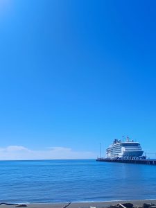 Views of the coast under a clear sky, with a ship far in the distance.