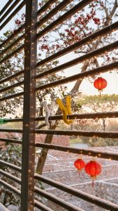 A cozy evening scene through a wooden fence with fairy lights, red lanterns, and a soft sunset background.