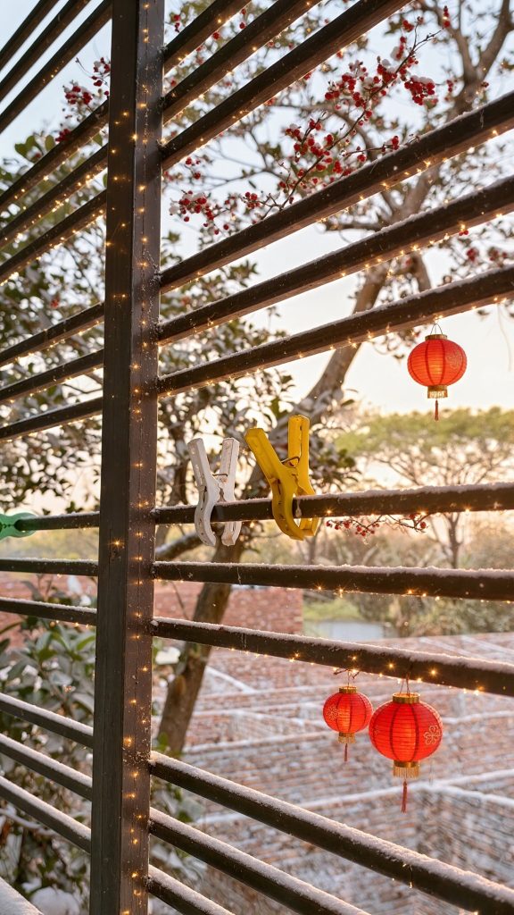A cozy evening scene through a wooden fence with fairy lights, red lanterns, and a soft sunset background.