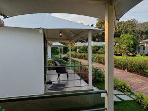 A covered porch with a purple chair overlooks a garden with green lawns, plants, and a paved walkway under a clear sky.