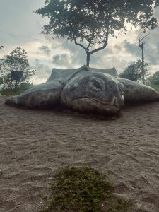 A large, realistic sculpture of a turtle is positioned on a sandy ground, surrounded by small patches of greenery. The sky above is cloudy and overcast, creating a moody atmosphere. In the background, there is a tree and a sign along with some other foliage, enhancing the natural setting. The sculpture has intricate details that mimic the texture and features of a real turtle.