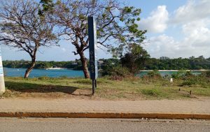 A scenic view of a turquoise bay is visible from behind a paved sidewalk and a grassy roadside verge. Two sparse, leafy trees frame a dark blue signpost in the foreground, while the distant shoreline is lined with thick green vegetation and a few white buildings. The bright sky is filled with soft, white clouds over the calm coastal water.