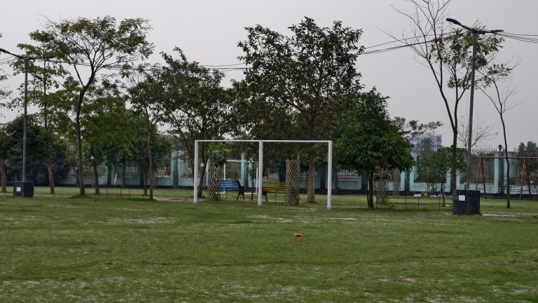 A green park field with several young trees and a white goal post structure under an overcast sky.