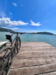 A bicycle stands on a wooden pier by calm water, with boats and green hills in the distance.