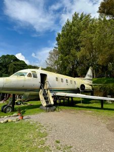 An old airplane resting on the ground, surrounded by trees under a bright blue sky