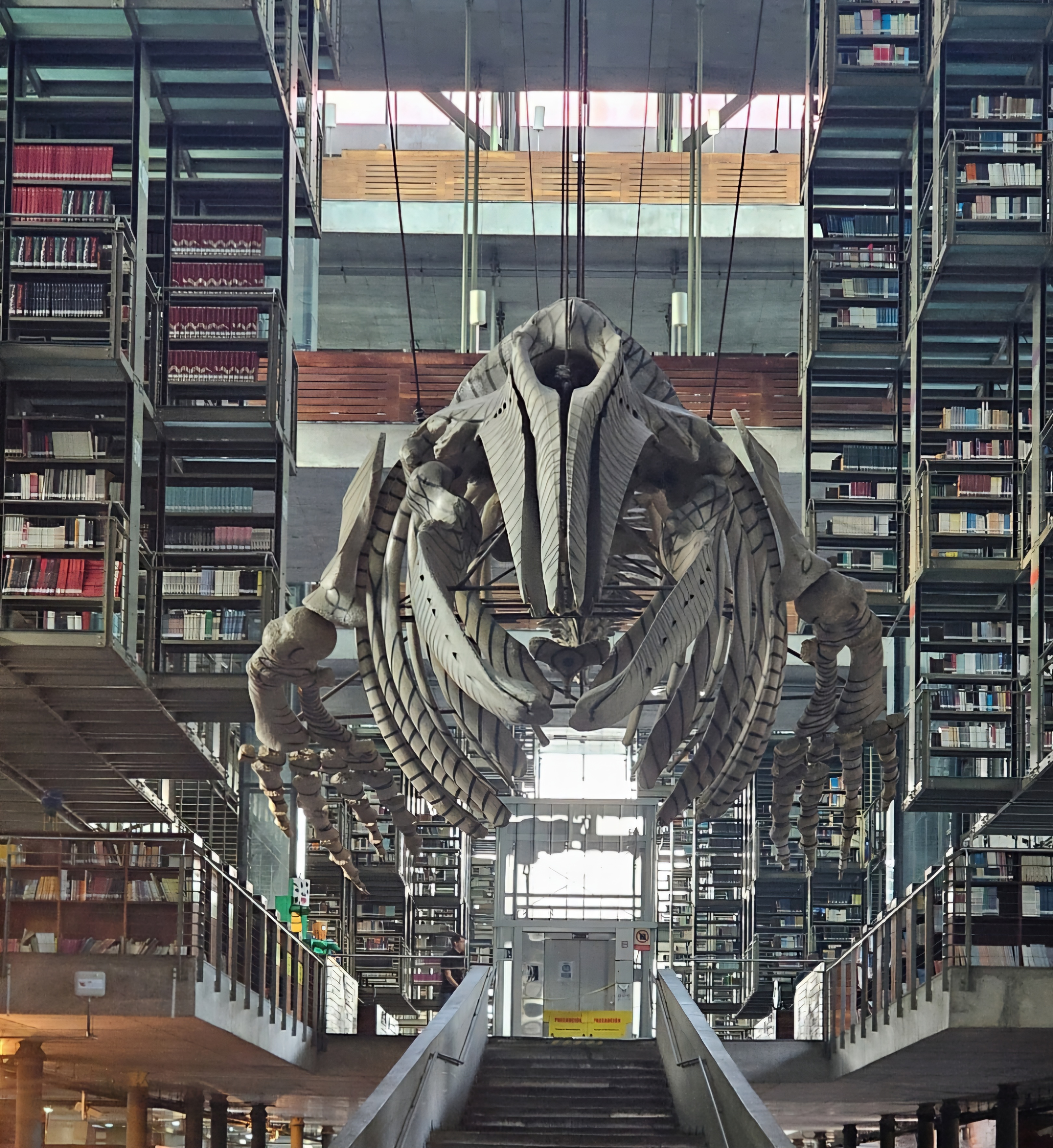 A large dinosaur skeleton suspended inside a modern library, surrounded by tall bookshelves and architectural structures. The image highlights the contrast between history, science, and contemporary design.