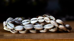 A close-up, side-angle studio photograph of a handcrafted bracelet made from multiple white, glossy cowrie shells strung together.