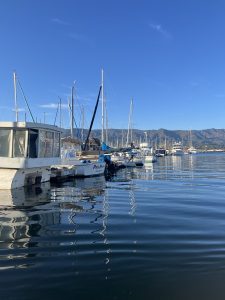 A line of boats on the coast of California 