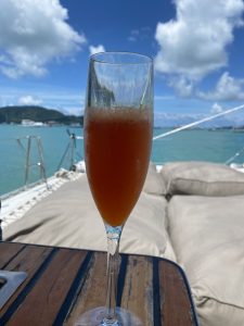 A tall glass of a red drink sits on a wooden table on a boat, with calm turquoise water and green hills in the background under a bright blue sky.
