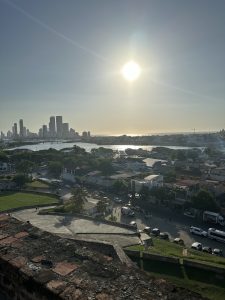 A panoramic view of a cityscape at sunset, featuring high-rise buildings on the horizon, with a shimmering body of water reflecting the sunlight. In the foreground, there is a mix of urban areas with greenery, including a palm tree and streets lined with parked cars. The sky is clear with a bright sun casting light over the scene, creating a warm atmosphere.