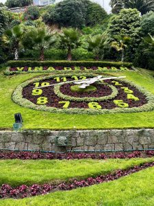A large, meticulously maintained floral clock featuring vibrant flower arrangements that form the numbers on a lush green face. An airplane model serves as the center point, set against a tranquil background of palm trees and tropical garden foliage.