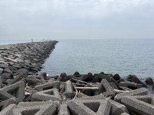 A view of a rocky breakwater extending into the calm sea, with large concrete triangular blocks in the foreground.