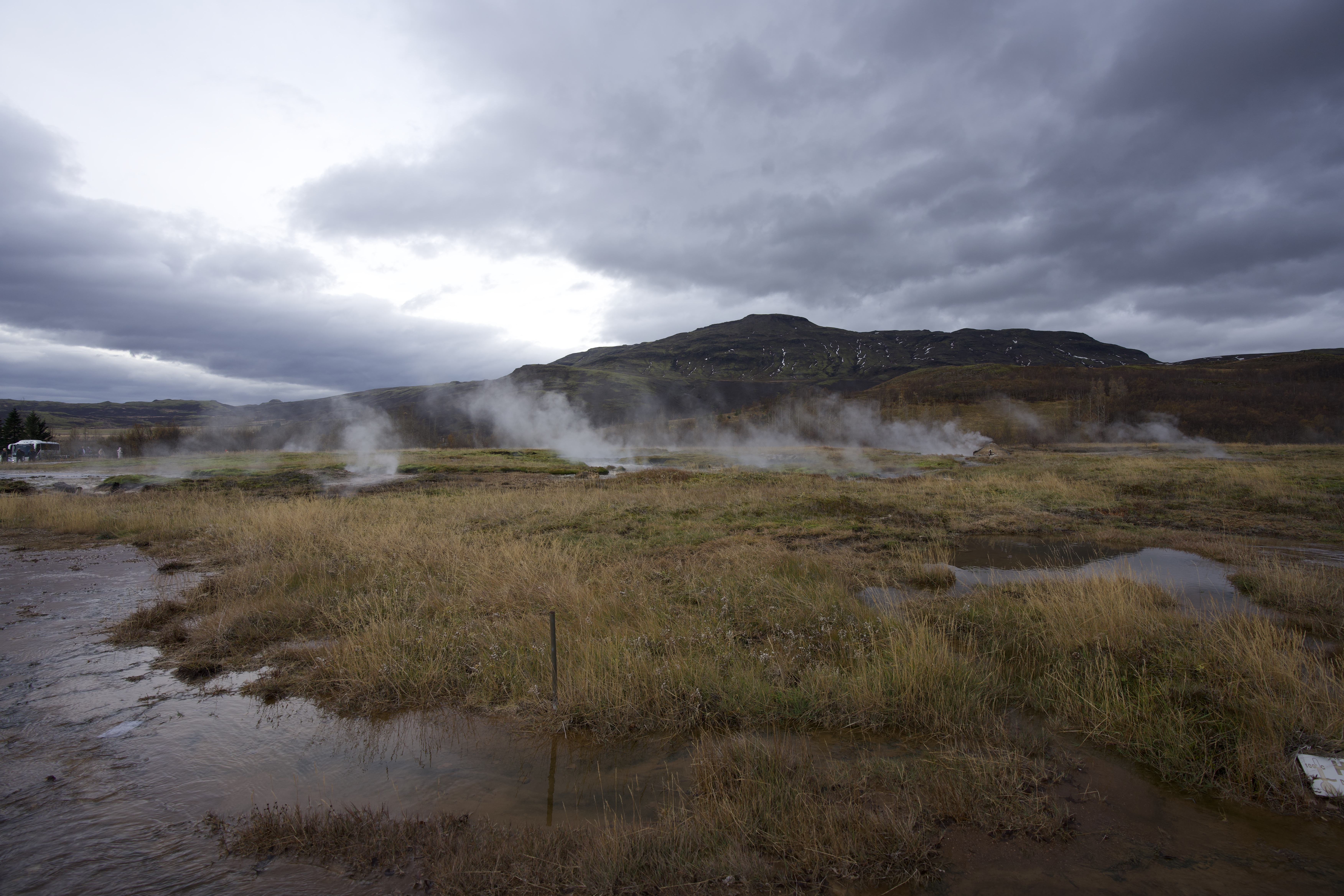 Geyser in Iceland emitting steam without eruption, in a geothermal landscape.