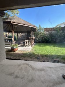 A back yard in El Paso with a covered patio, stone wall behind shrubbery, and a potted plant in the foreground.