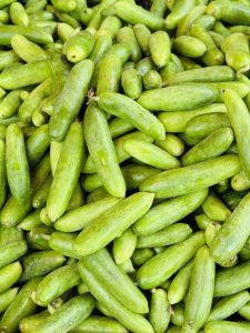 A close-up image of a large pile of fresh, green cucumbers, varying in size and shape, showcasing their glossy skins and vibrant colors against a natural backdrop.
