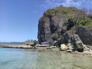 A serene coastal scene at Playa de los Suecos in Costa Rica, with clear turquoise water, a rocky cliff, lush greenery, and a bright blue sky.