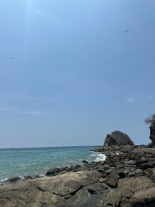 A peaceful coastal view with rocky shores, gentle waves, and a clear blue sky stretching over the horizon.