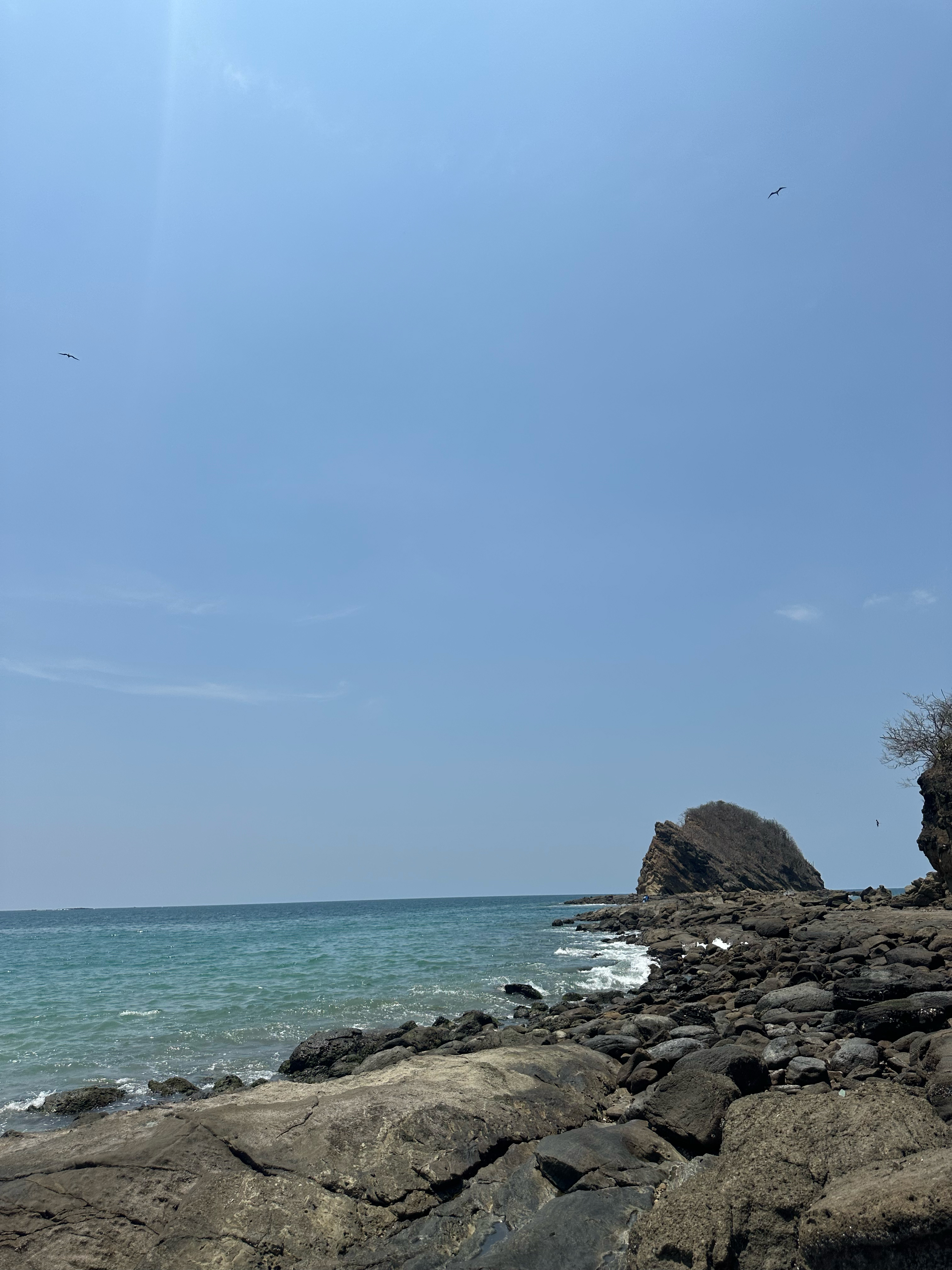 A peaceful coastal view with rocky shores, gentle waves, and a clear blue sky stretching over the horizon.