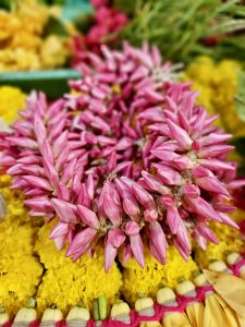 A close-up of pink flowers placed over bright yellow flowers at Shree Siddhivinayak Temple, Bandra, Mumbai. The soft background and sharp focus highlight the flowers’ beauty and freshness. 
