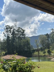 A serene landscape featuring a calm lake surrounded by lush greenery and tall trees. In the foreground, there is a flower bush with vibrant blooms, while a rustic structure with a red-tiled roof is visible near the water. The scene is set against a backdrop of distant mountains under a partly cloudy blue sky, creating a tranquil and picturesque atmosphere.
