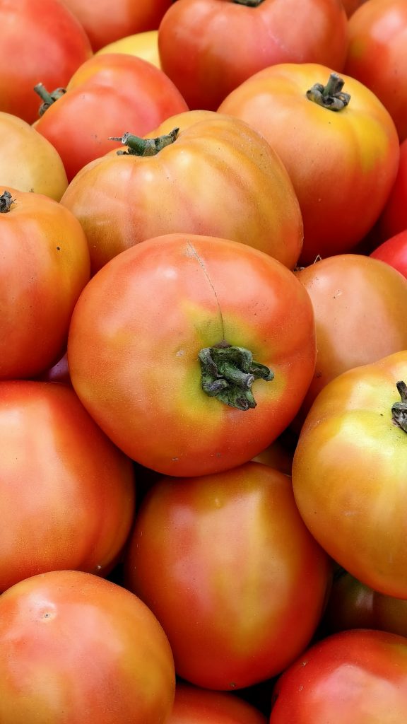 A pile of ripe, round tomatoes with a smooth surface, showcasing a gradient of orange to red colors.