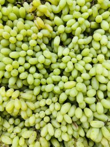 Close-up of a dense cluster of green grapes, with some slightly yellowing.
