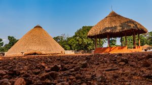 A low-angle landscape view of a rural homestead featuring two distinct structures with traditional conical thatched roofs.