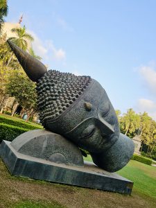 A large, peaceful Buddha head sculpture resting on the ground, surrounded by greenery and palm trees at Chhatrapati Shivaji Maharaj Vastu Sangrahalaya, Mumbai. 
