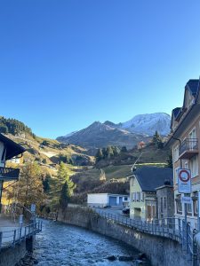 View of the roller coasters and surrounding Russian houses and a stone path