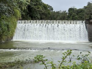 A small dam with a wide curtain-like waterfall flowing over a concrete barrier into a shallow stream, surrounded by dense greenery and trees.