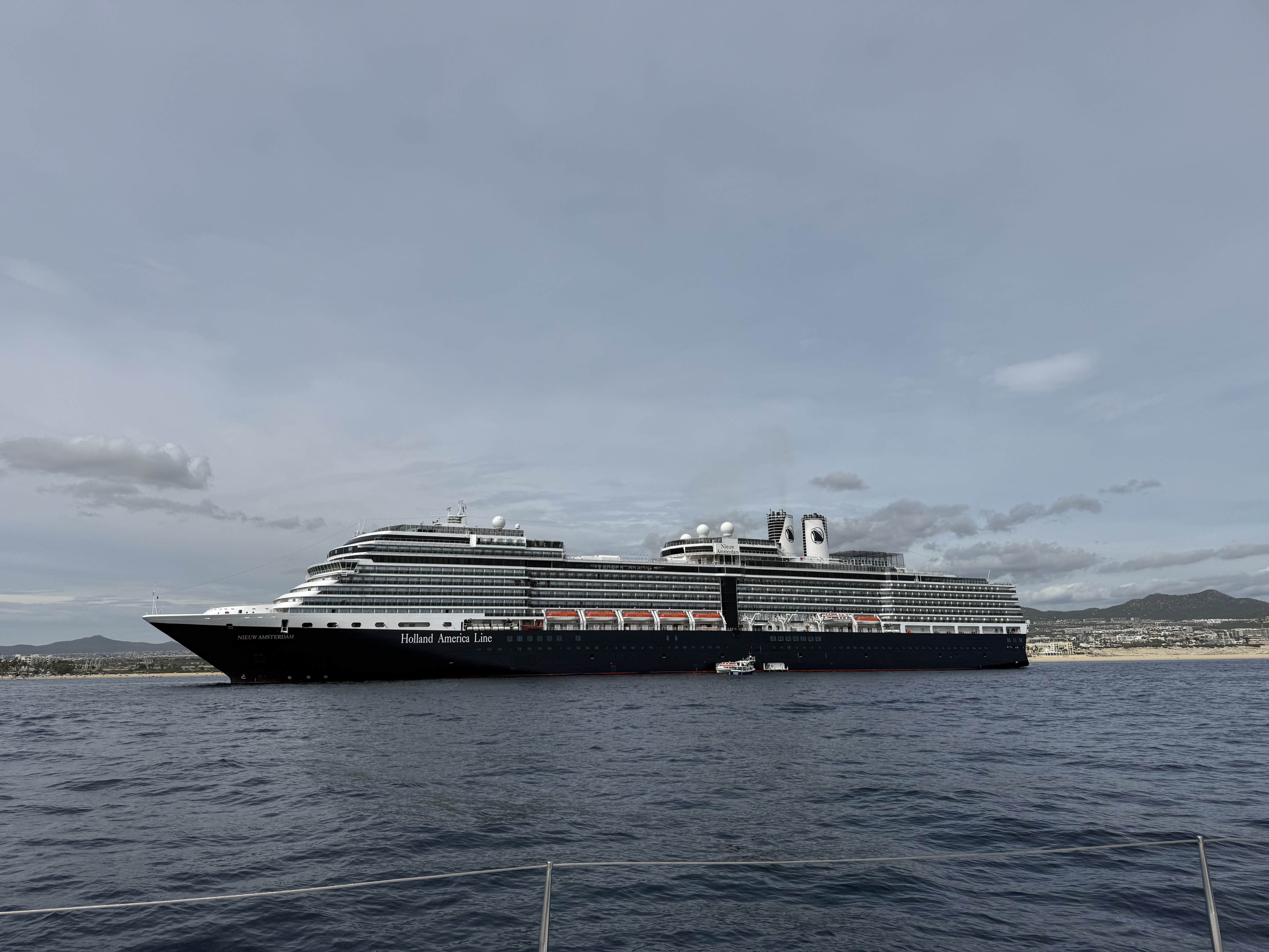 A large cruise ship sails across calm coastal waters, with the shoreline and distant hills visible beneath a cloudy sky.