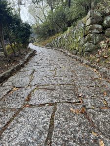 Wet cobblestone path and mossy stone wall at Achi Shrine, Kurashiki.