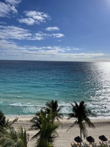 A coastal scene with a turquoise ocean, sandy beach, and palm trees in Cancún, Mexico.