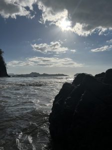 A rocky shoreline is depicted with waves gently lapping against the rocks. 