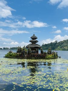 A peaceful lakeside temple with a multi-tiered roof on a small island, surrounded by lily-covered water, greenery, and distant hills under a bright, cloudy sky.
